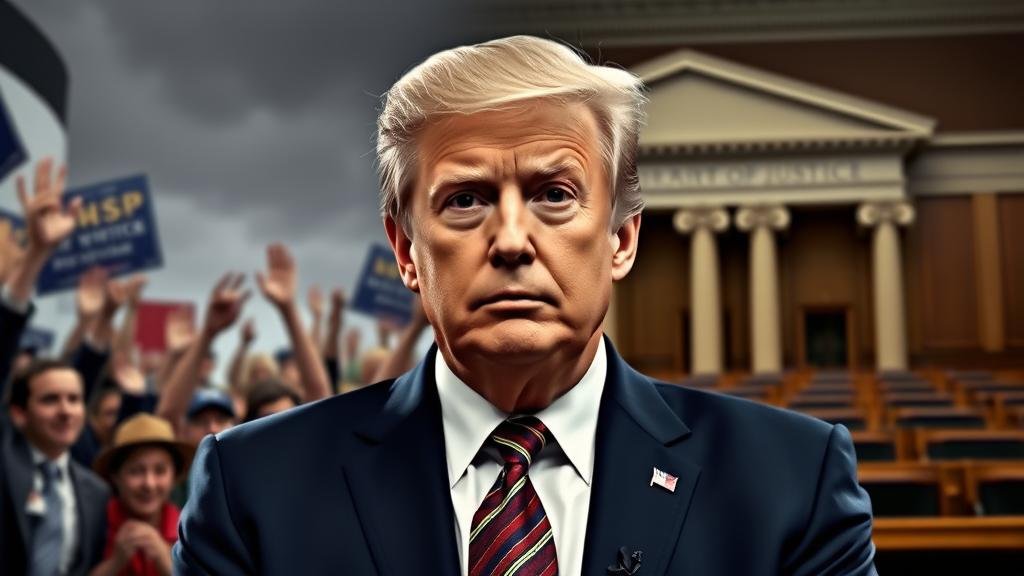 A politically-appointed official looking conflicted in front of the Department of Justice, torn between a political rally and a sober courtroom.