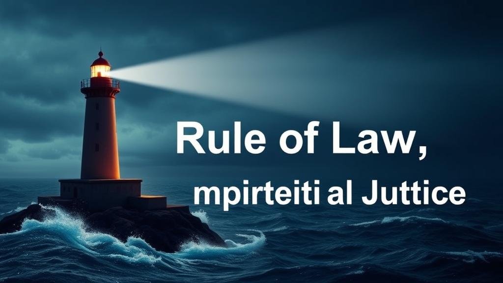 A lighthouse symbolizing a judicial ruling shines a powerful light on the words 'Rule of Law' and 'Impartial Justice' across a stormy sea.