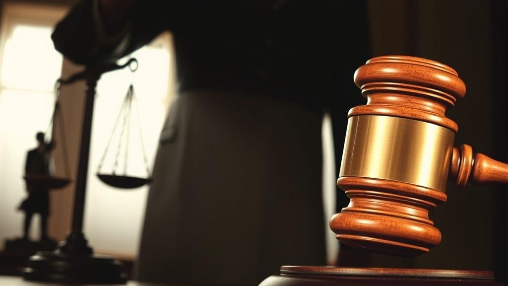 A dramatic depiction of a gavel striking down, symbolizing a landmark judicial ruling, with the scales of justice in the background restoring impartial justice.