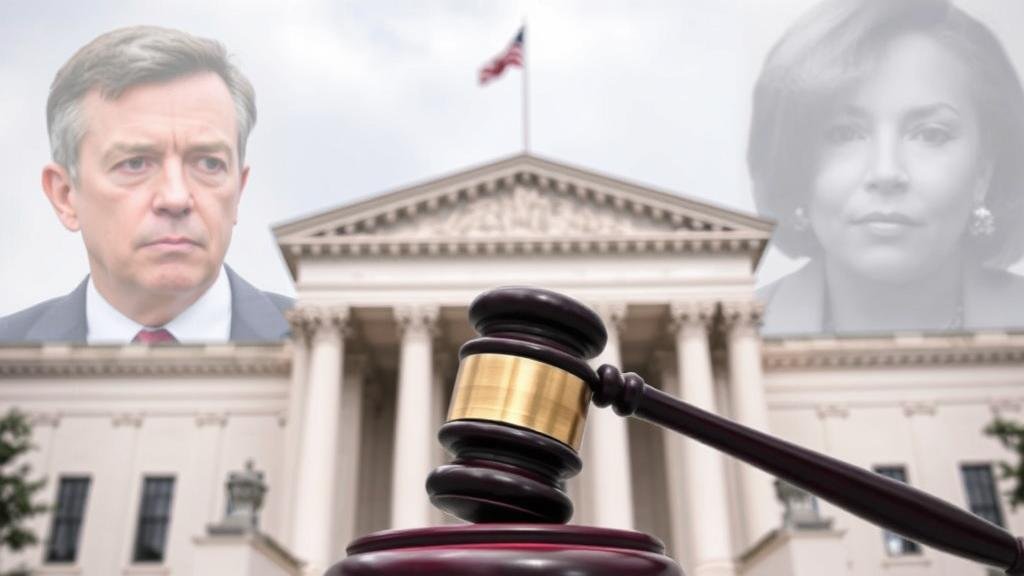 A federal courthouse with a gavel striking down, symbolizing the dismissal of the cases. In the background, faded images of James Comey and Letitia James.