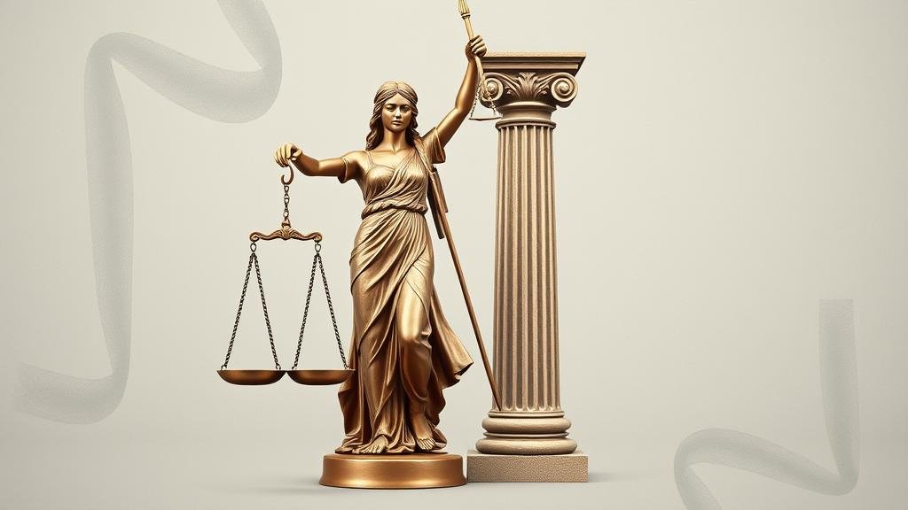 An abstract image representing the concept of justice. A balanced scale, a blindfolded Lady Justice, and a sturdy pillar symbolizing the strength and integrity of the judiciary.