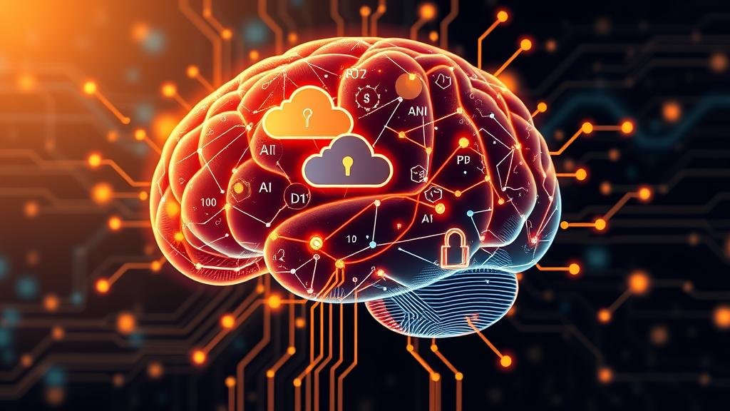A glowing, high-tech brain made of circuits representing the AI and cloud technology of a modern stock exchange.