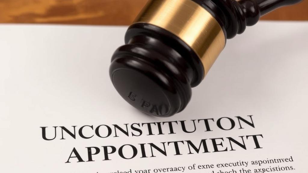 A gavel striking down on a document titled 'Unconstitutional Appointment,' symbolizing a court ruling against an overreach of executive power. The image conveys a sense of finality and authority.