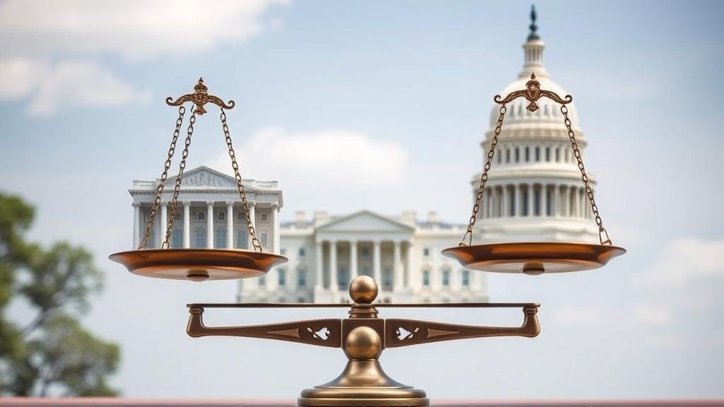 The scales of justice are shown perfectly balancing the White House and the Capitol building, illustrating the principle of checks and balances and the judiciary's role in maintaining constitutional order.