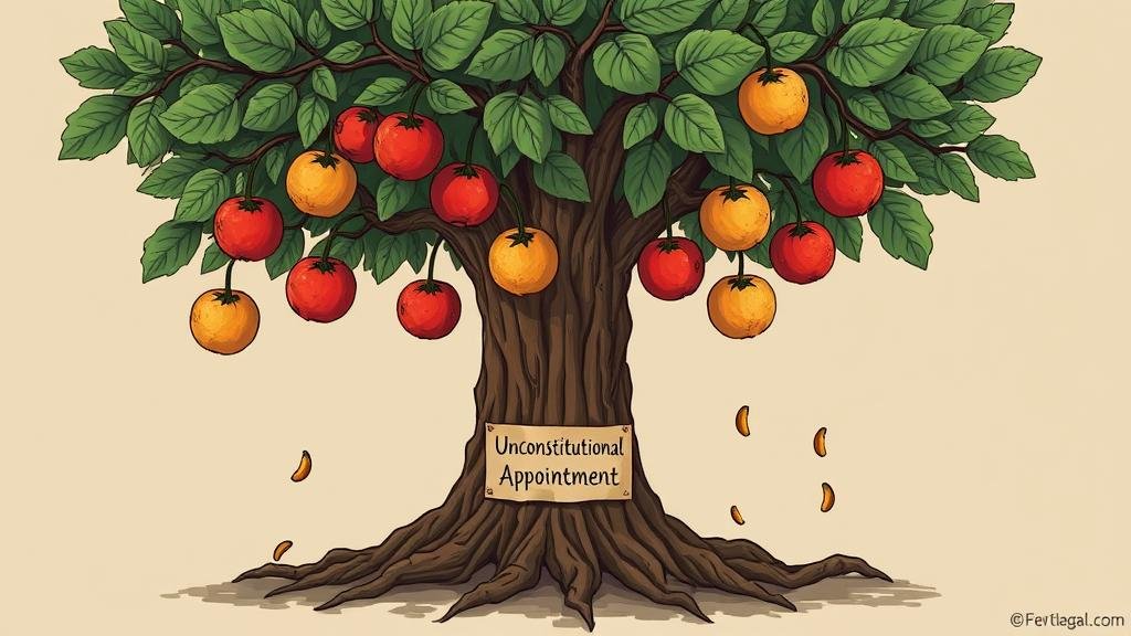 A visual representation of the Senate confirmation process being bypassed. A figure is shown leaping over a barrier with the words 'Senate Confirmation' on it, while ignoring an open gate nearby labeled 'Constitutional Process.'