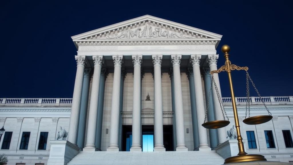 A dramatic courtroom scene with a judge’s gavel coming down, creating a digital 'Access Denied' message, symbolizing the court's rejection of the unlawfully appointed prosecutor.