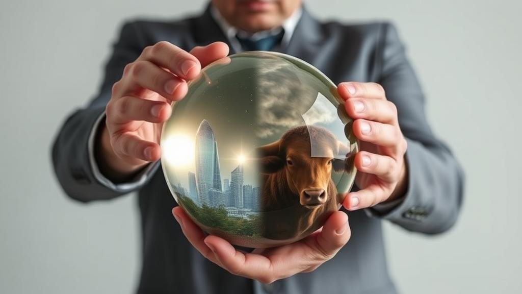 A thoughtful investor holding a crystal ball showing two futures: one of a shining bull market and the other of a stormy, volatile market.