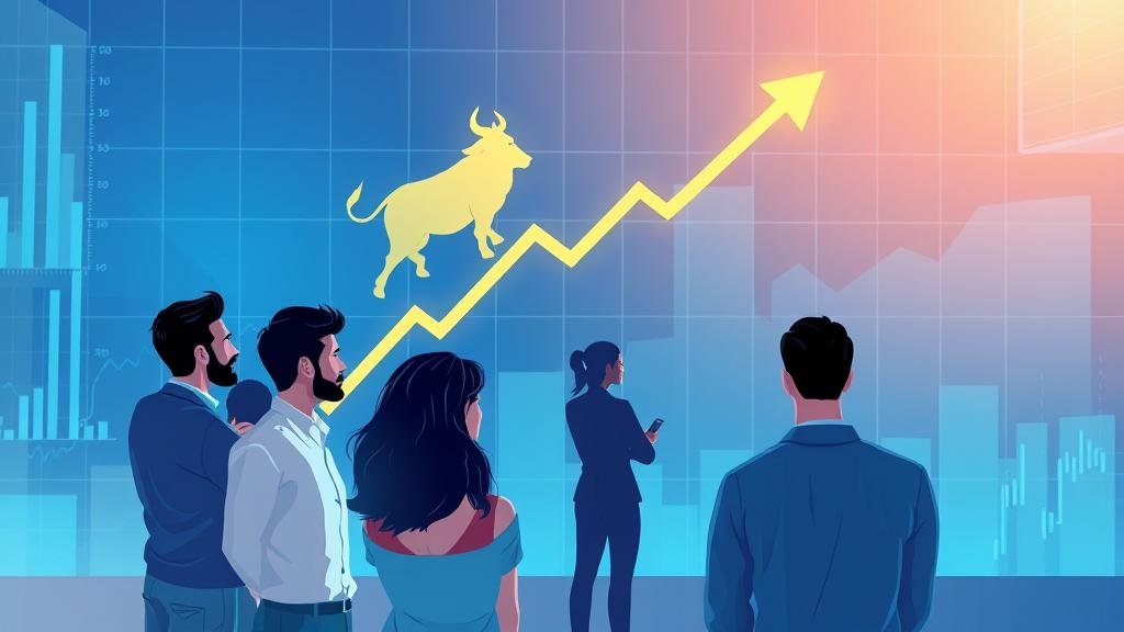 A rising stock chart with a bull symbol and confident investors, illustrating growth and confidence.