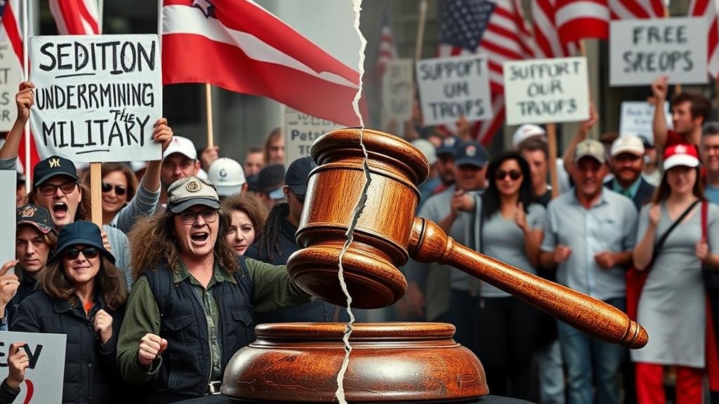 A split-panel image representing the political divide. On one side, angry protestors with signs that read 'Sedition' and 'Undermining the Military.' On the other side, a group of people holding signs with 'Free Speech' and 'Support Our Troops.' In the center, a cracked and weathered gavel with 'Pentagon Investigation' written on it.