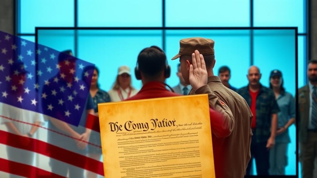 A stylized composition of a modern digital screen displaying a video. The video shows a diverse group of military veterans in civilian clothes. In the foreground, a military service member is seen taking an oath, with a translucent American flag and the U.S. Constitution layered over the scene, emphasizing the theme of constitutional duty.