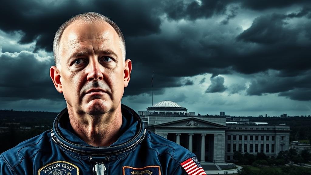 A high-contrast, dramatic image of a decorated astronaut and veteran, Senator Mark Kelly, superimposed over a backdrop of the Pentagon. The senator appears resolute, while the Pentagon is depicted under a stormy, ominous sky, symbolizing the investigation and conflict.