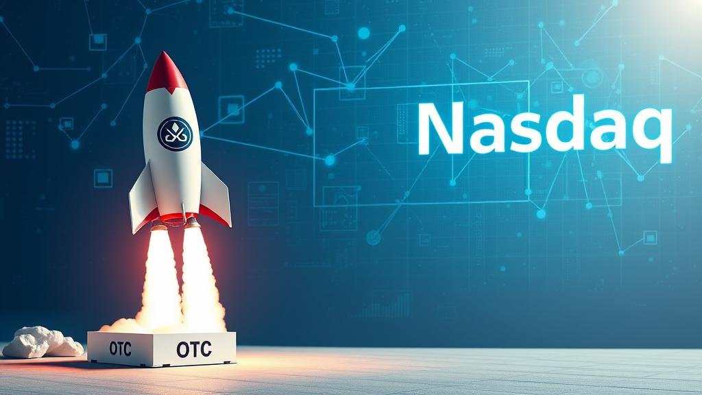 A rocket ship with a company logo launching from an OTC platform to a digital Nasdaq sky, symbolizing advancement.