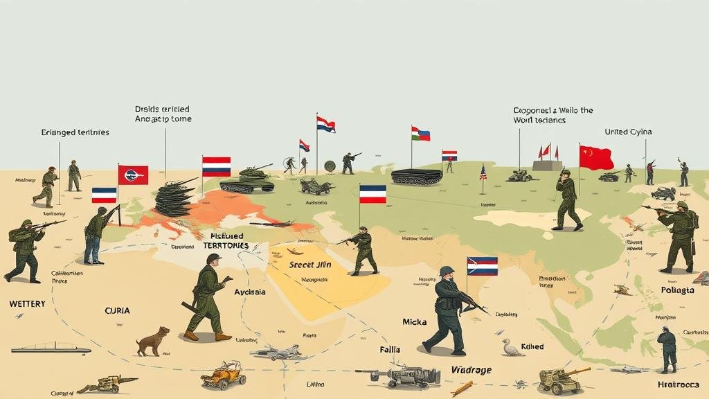 A visual representation of the main obstacles in the peace talk, such as disputed territories and military alliances, portrayed as a diplomatic minefield.