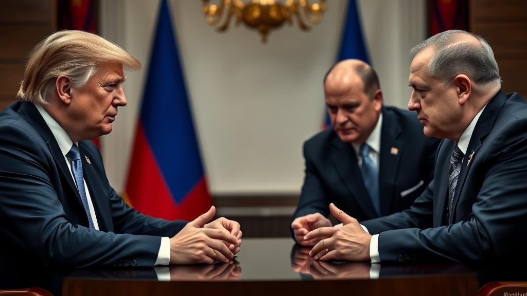 A high-stakes, dramatic meeting between two world leaders, symbolizing the intense and pivotal nature of the Trump-Zelenskyy peace negotiations.