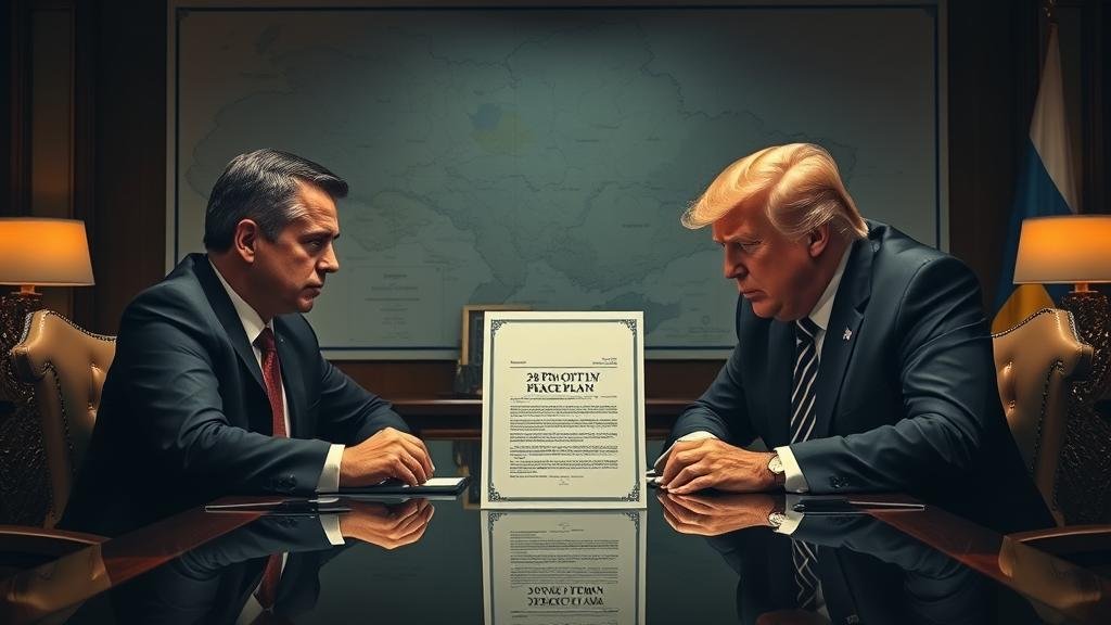A dramatic, cinematic-style image of a tense, face-to-face meeting between a determined President Zelenskyy and a confident Donald Trump.