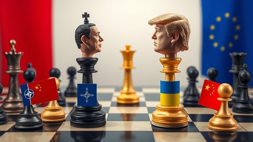 A global chessboard where the king pieces are represented by President Zelenskyy and Donald Trump, surrounded by other pieces marked with flags of major world powers.