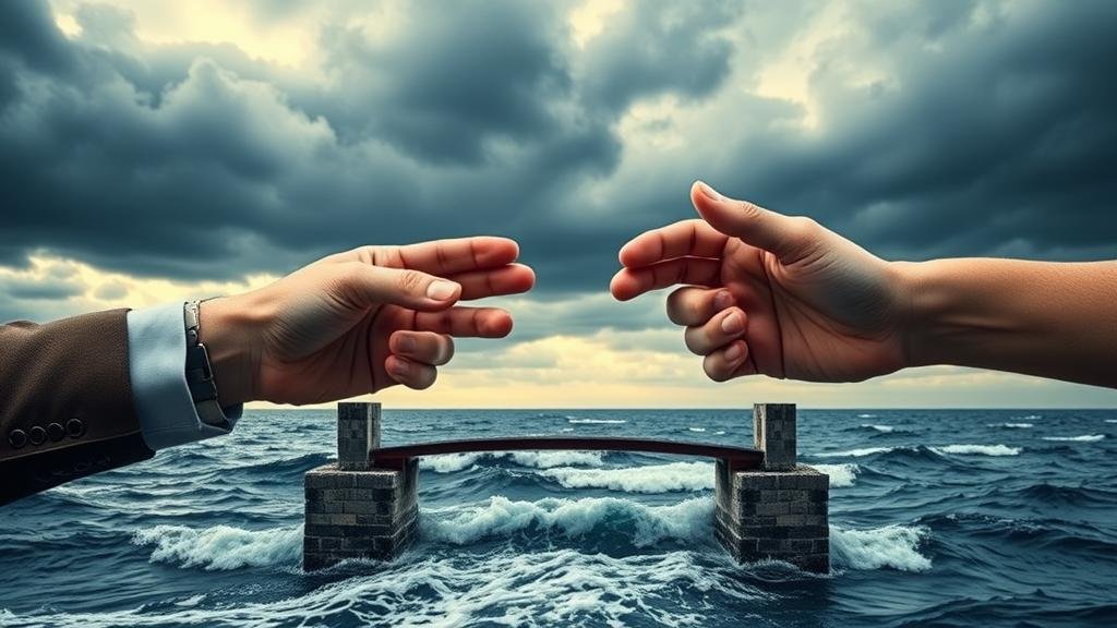 Symbolic and powerful image of two hands, representing Trump and Zelenskyy, cautiously building a bridge over a turbulent sea.