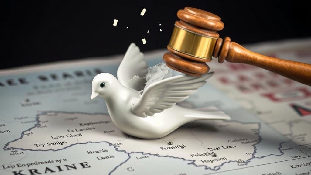 An allegorical image depicting a gavel smashing down on a cracked and fragile porcelain dove of peace, which is resting on a map of Ukraine.