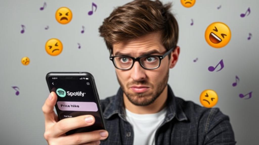A person looking comically betrayed at their phone, which displays a Spotify price hike notification. The background is filled with floating musical notes and sad emojis.