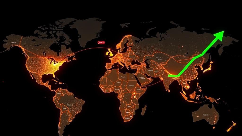 World map showing glowing lines spreading from the US to Europe and Asia, symbolizing a global tech boost.