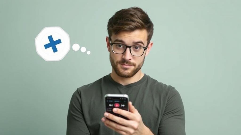 A person looking at a music streaming app on their phone with a thoughtful expression, with a plus and minus sign floating on either side, symbolizing the pros and cons.