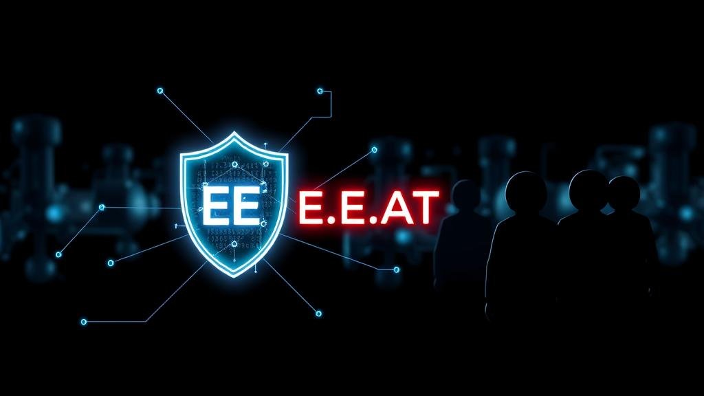A symbolic image of a glowing digital shield with 'E-E-A-T' protecting information from misinformation.