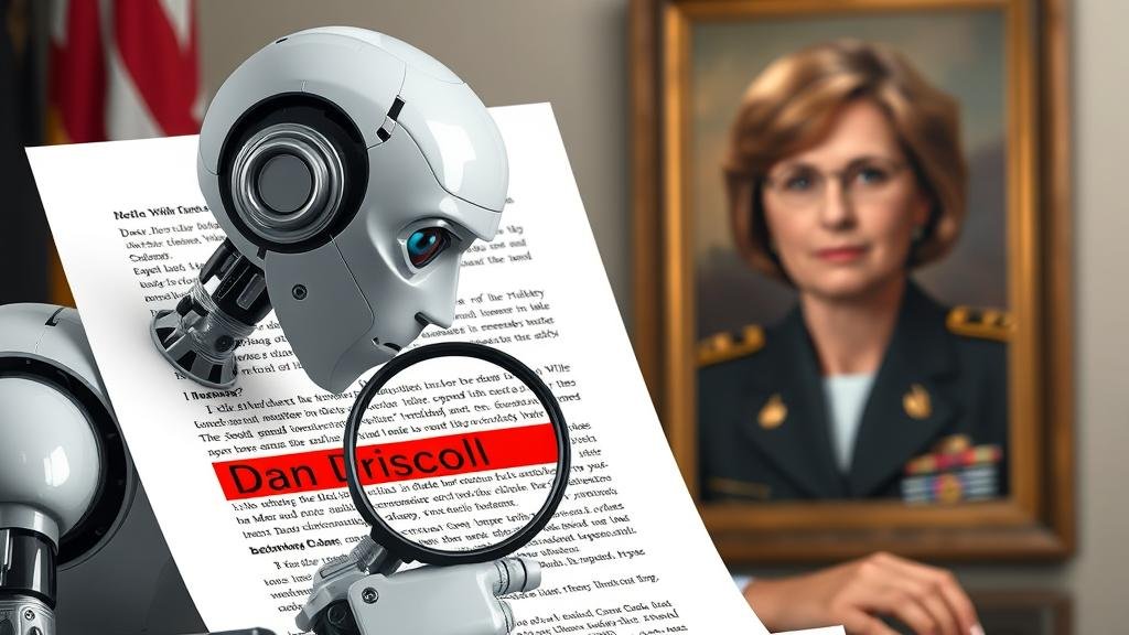 An AI robot meticulously fact-checking a document, highlighting the name 'Dan Driscoll' in red, with a real portrait of Christine Wormuth in the background.