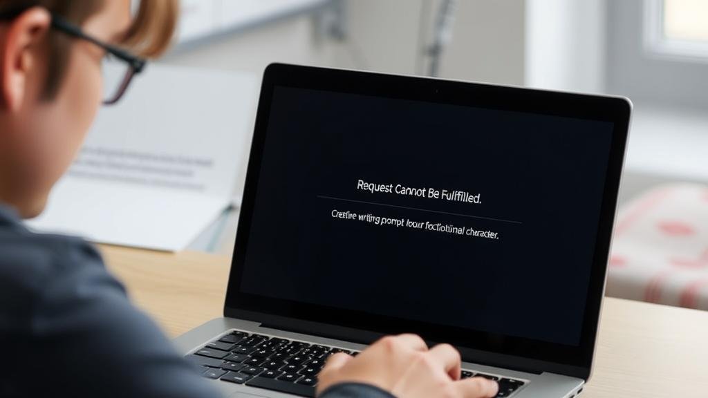 A frustrated writer looking at a laptop screen that displays a blunt 'Request Cannot Be Fulfilled' error message from an AI assistant.