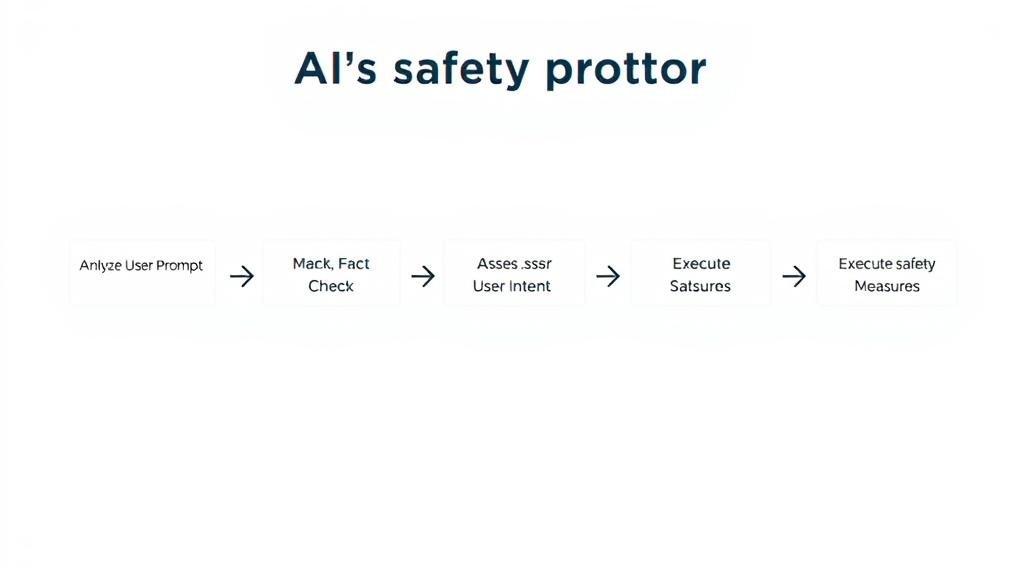 A flowchart illustrating an AI's safety protocol, from 'Analyze User Prompt' to 'Execute Safety Measures'.