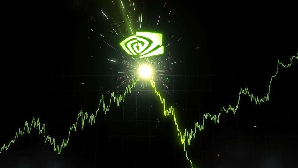 Glowing Nvidia logo creating a shockwave that turns a declining stock market graph upwards.