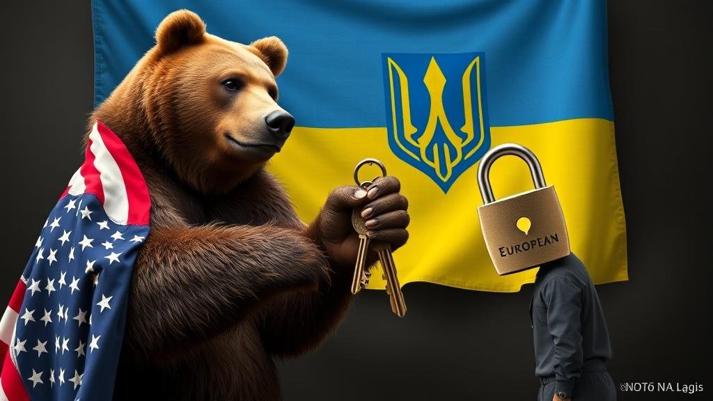 A large bear receives a set of keys labeled 'European Security' from a figure draped in an American flag, symbolizing the potential concessions offered to Russia. A Ukrainian flag with a padlock on it is in the background.
