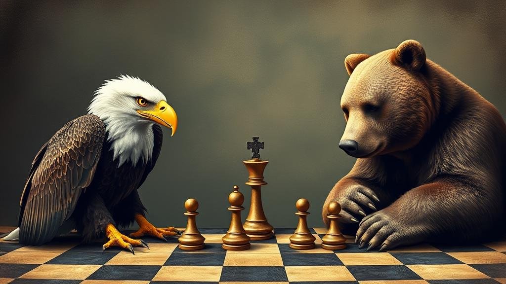 A metaphorical chess game between a bald eagle and a bear, with the chessboard representing Ukraine, symbolizing the high-stakes diplomatic negotiations and the controversial US-led peace plan.