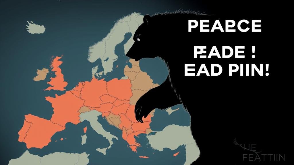 A map of Europe with the eastern flank countries highlighted, looking nervously towards a large, shadowy figure of a bear that looms over them, capturing the security concerns of nations bordering Russia.