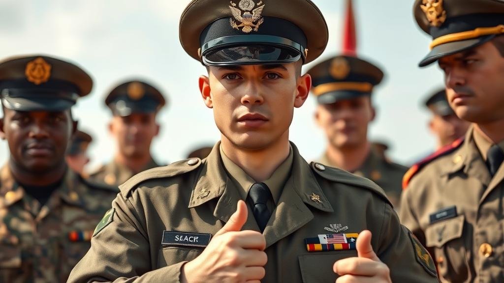 A young, determined US Army Secretary in military attire, leading a peace negotiation, symbolizing a pragmatic, results-oriented approach to diplomacy.