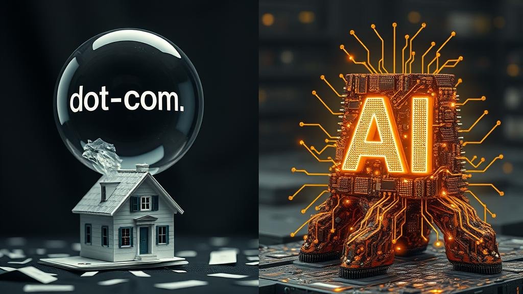 Split image comparing the bursting dot-com bubble to the solid foundation of AI chips.