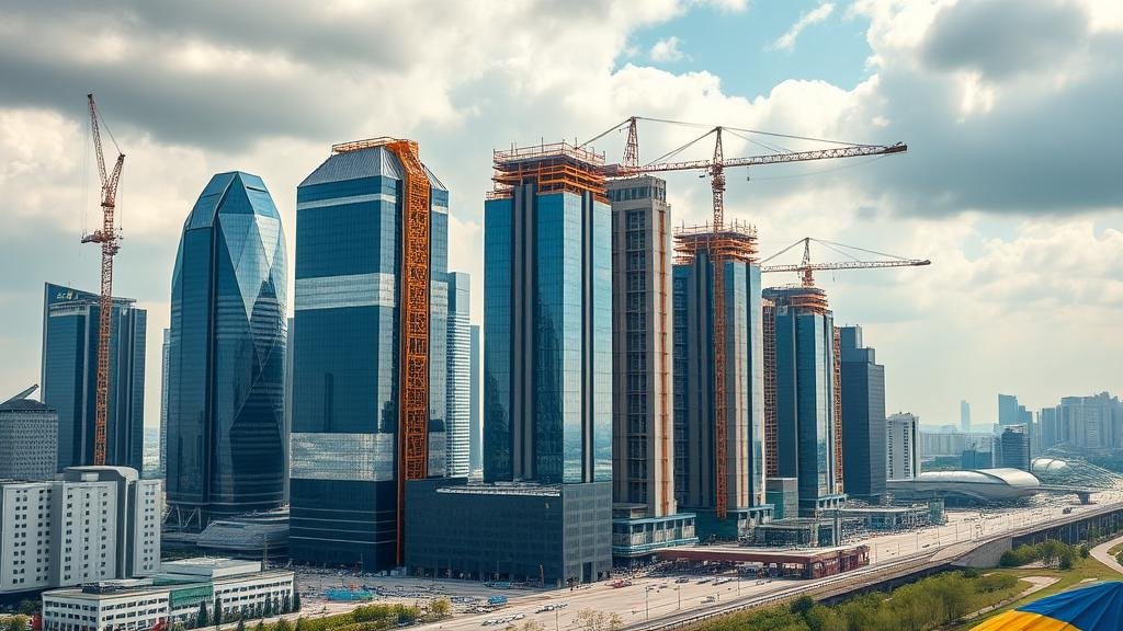A powerful image of the monumental reconstruction of Ukraine, with modern skyscrapers and infrastructure being built, signifying a new era of hope and economic opportunity.