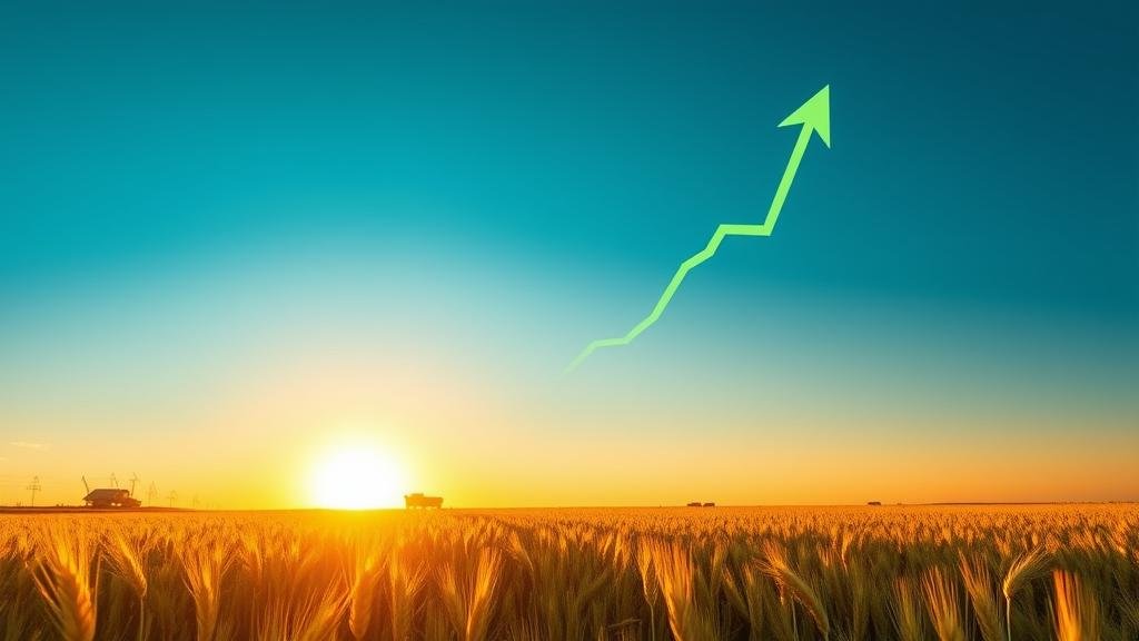 Rising sun over a wheat field with a stock market graph, symbolizing economic recovery.