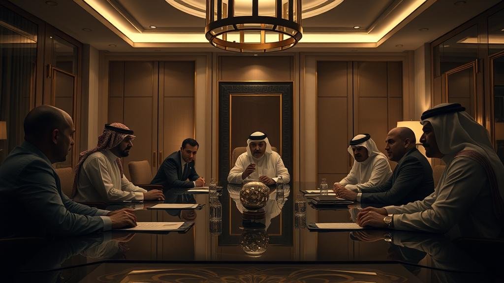 A cinematic, dramatic depiction of a secret meeting between three high-level delegations in a modern, opulent Abu Dhabi hotel room. The mood is tense and serious, with indirect, shadowy lighting.