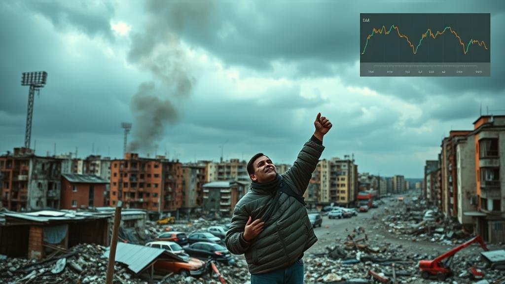A powerful and emotional photojournalistic image of a war-torn Ukrainian city, with a focus on the resilience of the human spirit amidst the destruction. In the background, a subtle visual element, like a stock market ticker showing a downturn, hints at the global economic impact.