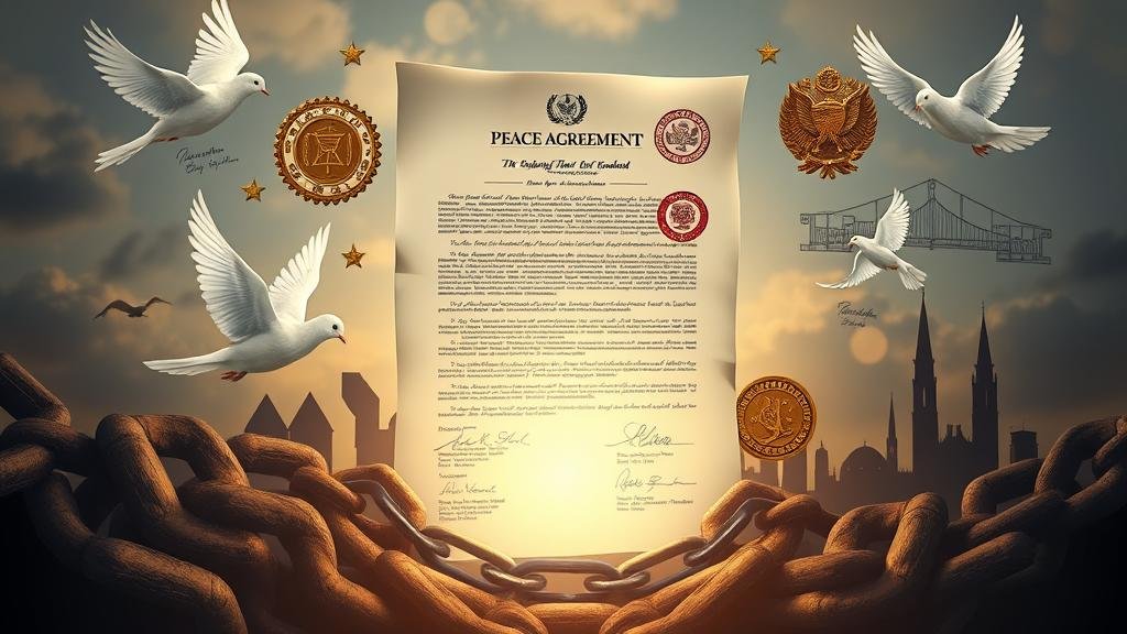 An allegorical and symbolic image representing a peace agreement. A large, official document with seals and signatures from multiple nations is central. Surrounding the document are symbolic elements like a dove, a broken chain, and architectural blueprints for a new city, all bathed in a hopeful, warm light.