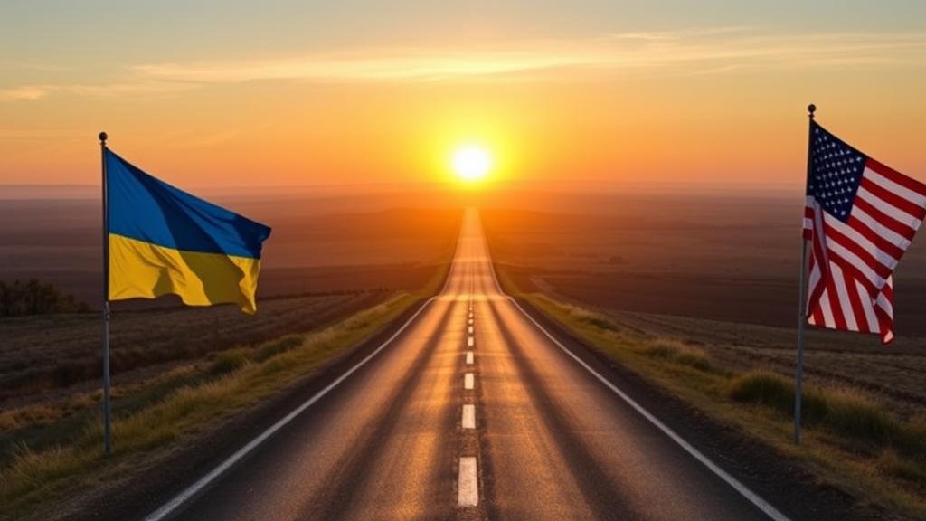 A metaphorical and hopeful image of a long, winding road stretching towards a sunrise, symbolizing the difficult but potential path to peace. The road is flanked by the flags of Ukraine, Russia, and the United States, fluttering in a gentle breeze.