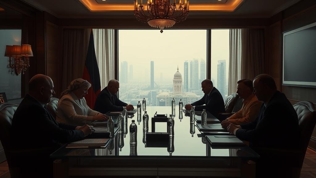 A tense, dramatic scene of high-stakes, secret negotiations in a lavish Abu Dhabi hotel suite. Silhouettes of Russian and Ukrainian officials are seated across a long table, with the city's glittering skyline visible through the window. The atmosphere is thick with unspoken tension.
