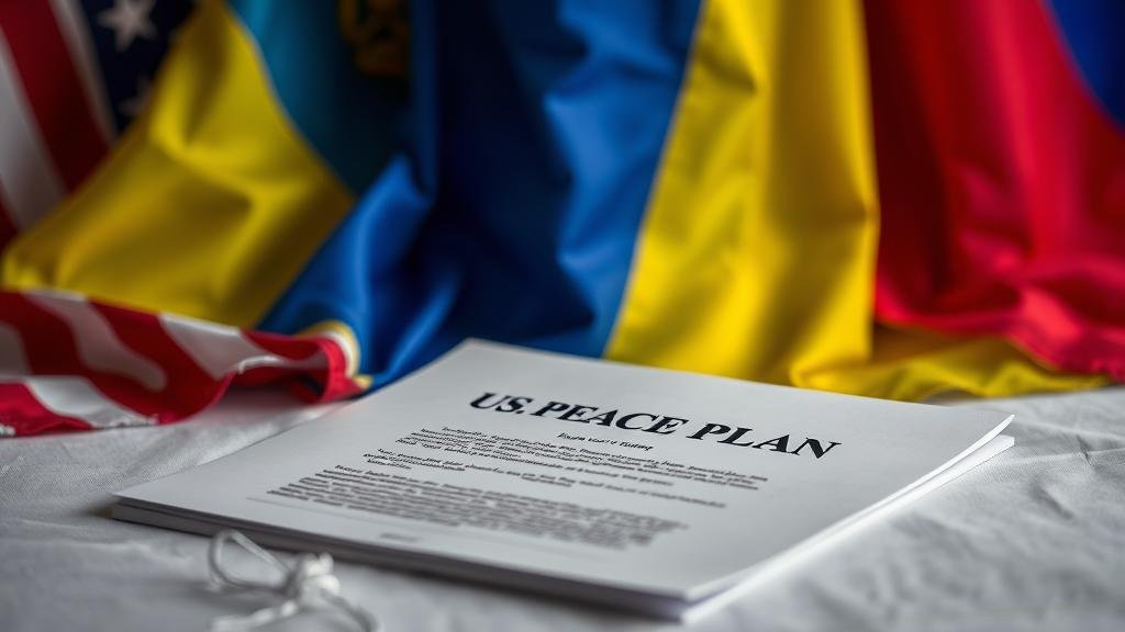 A symbolic and poignant image of the U.S. Peace Plan resting on a table. The document is subtly illuminated, with the American, Ukrainian, and Russian flags draped in the background, representing the fragile hope for a resolution.