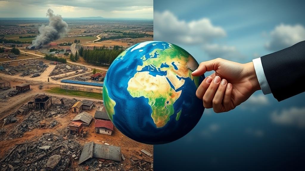 A powerful contrasting image capturing the devastating human and economic cost of the war. One side depicts a war-torn Ukrainian landscape, while the other side shows a hopeful image of hands shaking across a globe, symbolizing the push for geopolitical stability and a peaceful future.