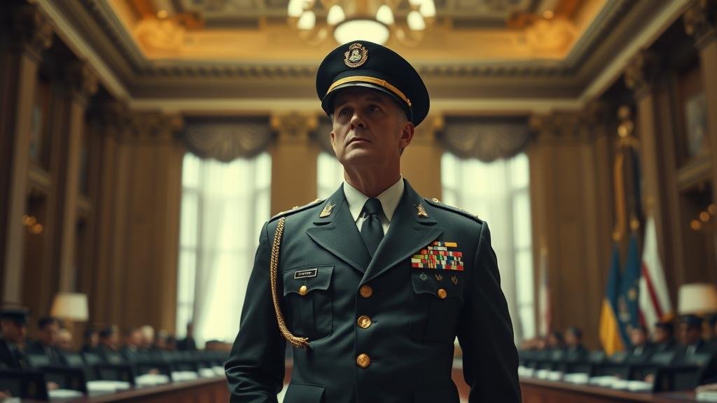 A powerful, cinematic shot of U.S. Army Secretary Dan Driscoll, a man of war, now cast in the role of a diplomat. He stands in a grand hall, his military uniform immaculate, looking thoughtfully towards a negotiation table. The image captures the weight of his unexpected mission.