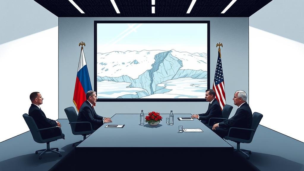 A tense, dramatic illustration of a diplomatic meeting between Russian and U.S. officials in a stark, minimalist room with a large window showing a vast, cold, Alaskan landscape with a cracked glacier, symbolizing the fragile 'Alaska process' and rising geopolitical tensions over the Ukraine war.