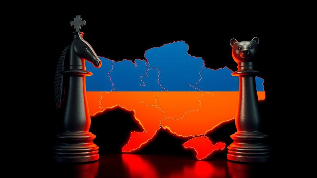 A symbolic and powerful image of a map of Ukraine, with the regions of Crimea and Donbas glowing red. Two giant, opposing chess pieces, a knight and a bear, are on either side of the map, representing the strategic conflict between Ukrainian sovereignty and Russian security demands. The overall tone is one of conflict and a political minefield.