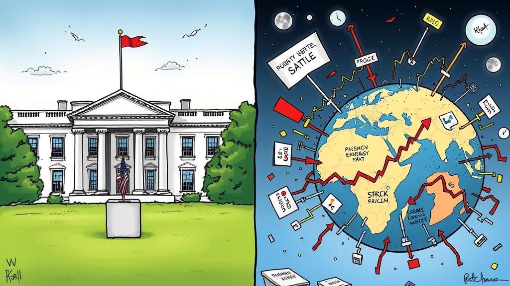 A political cartoon-style illustration showing a split scene. On one side, the White House with a ballot box in front of it, representing the U.S. presidential election. On the other side, a chaotic globe with plummeting stock market graphs, volatile energy price charts, and broken supply chains, illustrating the severe global consequences of diplomatic failure in the Russia-Ukraine war.