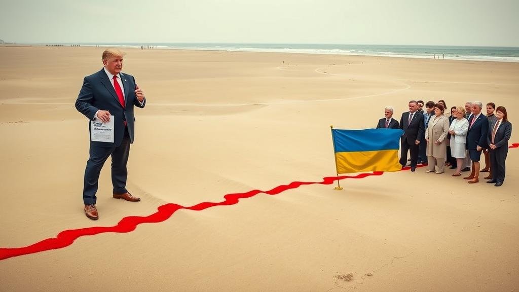 An allegorical image representing the high-stakes standoff. A massive red line is drawn in the sand on a beach. On one side, a figure representing Russia stands firm, holding a document titled 'Trump 28-point plan'. On the other side, a group of diverse world leaders representing the West look on with concern, with a Ukrainian flag planted defiantly on their side of the line. The overall tone is tense and uncertain, highlighting the theme of Ukrainian neutrality as a core issue.