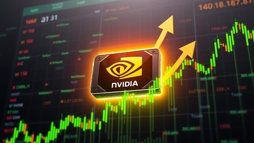A powerful, glowing Nvidia GPU at the center of a dynamic stock chart, with bullish arrows lifting major tech stocks and fueling an AI-driven market rally.